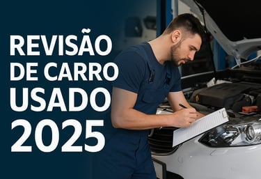Mecânico revisando carro usado em oficina, texto na imagem: Revisão de carro usado 2025