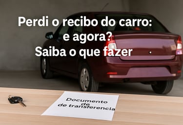 Documento de transferência sobre a mesa com chave de carro ao lado e veículo usado ao fundo, represe