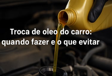 Mão com luva despejando óleo dourado no motor do carro durante troca de oleo, com o cofre do motor a