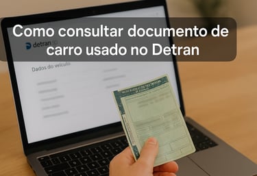 Consulta de documento de carro usado no site do Detran com CRLV em mãos e tela de notebook ao fundo.