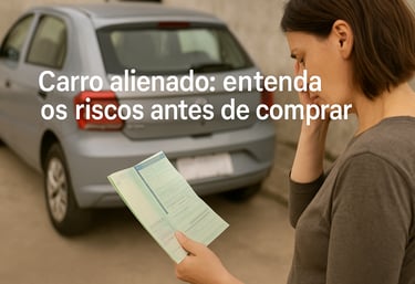 Mulher preocupada analisa documento de carro usado diante de um hatchback prateado em rua residencia