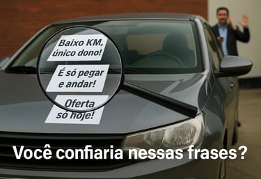 Anúncios colados no vidro de carro usado com frases chamativas e lupa destacando detalhes duvidosos.