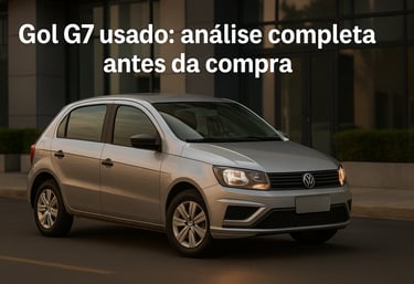 Gol G7 branco saindo de vaga em frente a prédio comercial com faróis acesos ao entardecer.
