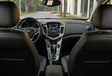Interior de um Chevrolet Cruze 2015 com painel e central multimídia em destaque, bancos de couro vis