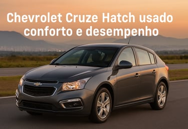 Cruze Hatch 2015 em estrada ao entardecer com frase centralizada sobre conforto e desempenho.