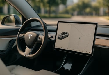 Interior de um Tesla com painel digital aceso e volante em destaque, fundo desfocado e visual tecnol