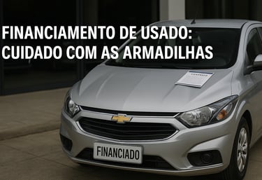 Carro usado em frente a concessionária com contrato no capô e frase sobre financiamento no topo.