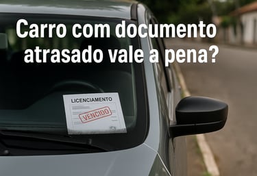 Carro usado estacionado com papel de licenciamento vencido sobre o painel, foco no documento.