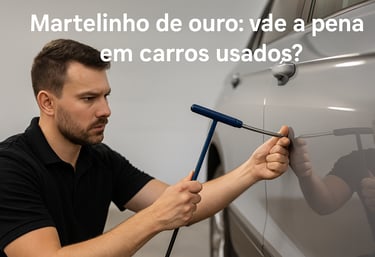 Técnico realiza martelinho de ouro com haste de alavanca em carro prata, em ambiente limpo e ilumina