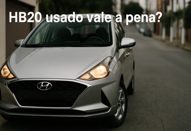 HB20 prata com farol aceso estacionado em rua urbana, visto de frente, com texto sobre a imagem.