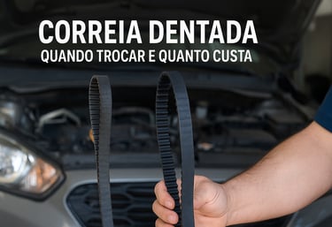 Mecânico segurando correia dentada usada e nova com motor aberto ao fundo e texto no topo da imagem.