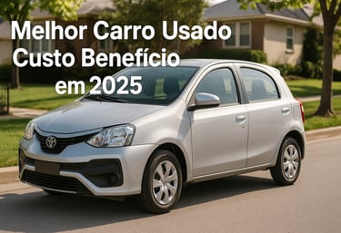Toyota Etios prata estacionado em rua residencial arborizada, com a frase “Melhor Carro Usado Custo 