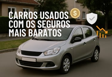 Carro usado com destaque em economia no seguro, acompanhado da frase 'Carros com os Seguros Mais Bar