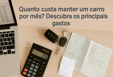 Mesa com notebook, calculadora, chaves e documento veicular, simbolizando o custo mensal do carro.