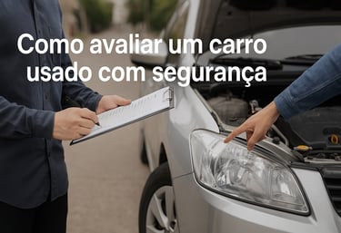 Duas pessoas analisando carro usado com capô aberto; uma segura checklist e a outra aponta o farol.