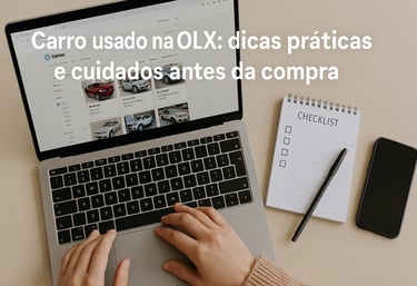 Pessoa pesquisando carros na OLX em notebook, com checklist, caneta e celular sobre mesa clara.