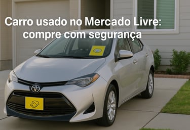 Toyota Corolla seminovo prateado estacionado em frente a uma casa, com placa amarela de anúncio no v