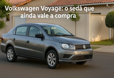 Volkswagen Voyage 2018-2021 cinza estacionado em rua residencial com frase sobreposta na imagem.