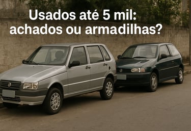 Fiat Uno Mille e Volkswagen Gol antigos estacionados em rua simples, com a frase “Usados até 5 mil”