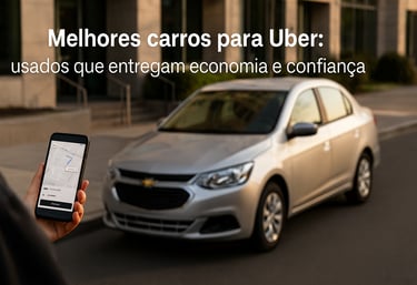 Pessoa com celular usando o app da Uber em frente a um Chevrolet sedã prata estacionado em área urba
