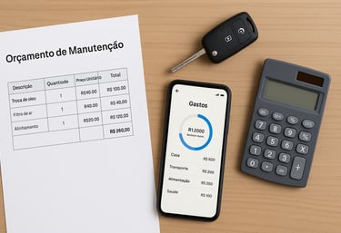 Orçamento de manutenção ao lado de chave de carro, celular com app de gastos e calculadora sobre a m