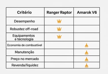 comparação entre Ranger Raptor e Amarok V6 nos critérios de desempenho, robustez, economia, manutenç