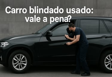 Mecânico inspecionando SUV blindado preto em ambiente urbano, com pergunta sobre compra no topo da i