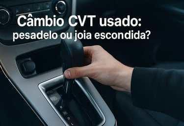 Mão no câmbio CVT de carro usado, posição Drive, com interior parcialmente visível em close realista