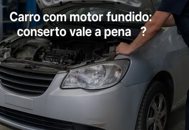 Carro prata com motor desmontado e capô aberto em oficina, com mecânico inspecionando a parte fronta