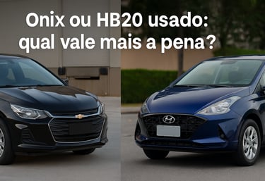 Comparativo visual entre Chevrolet Onix preto e Hyundai HB20 azul, ambos usados, estacionados lado a