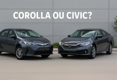 Comparativo entre Toyota Corolla e Honda Civic usados, lado a lado, em cenário urbano