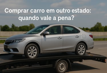 Carro usado tipo sedã sendo transportado em reboque aberto por estrada, representando compra interes