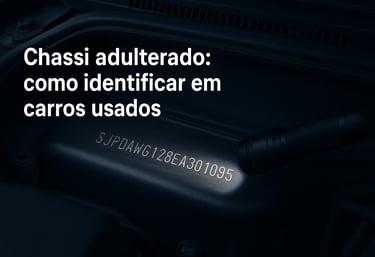 Close no número do chassi gravado na carroceria de um carro, iluminado por lanterna em ambiente escu