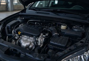 Capô aberto de um carro a diesel em oficina, com foco no motor limpo e bem conservado, destacando de