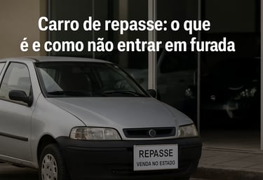 Carro de repasse estacionado com placa “venda no estado” em frente a loja de usados.