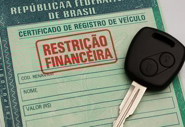 Documento de veículo com carimbo de “restrição financeira” ao lado de uma chave de carro.