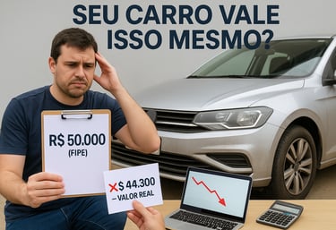 Homem com expressão confusa sentado em frente a um carro sujo, segurando uma placa com o valor "R$ 5