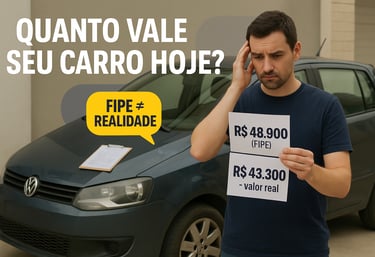 Homem em dúvida ao lado de um Volkswagen Fox preto com sinais leves de uso, segurando dois papéis co