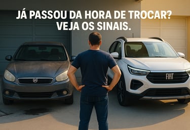  Homem observando dois carros em uma garagem — à esquerda, um Fiat Gran Siena antigo com sinais de d