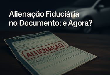 Alt da imagem: Documento CRLV aberto sobre uma mesa de madeira, com carimbo vermelho escrito “ALIENA