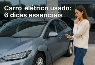 Mulher jovem avaliando um carro elétrico usado em frente a uma concessionária, com a frase “Carro el