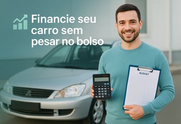  Homem sorridente ao lado de um carro usado, segurando uma calculadora e uma prancheta com planilha 