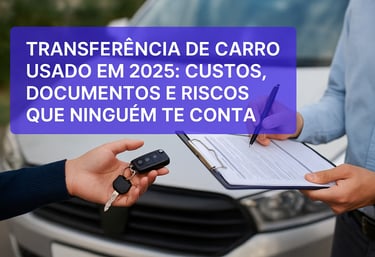 Pessoa entregando chave de carro e assinando documento de transferência, com destaque para o título 