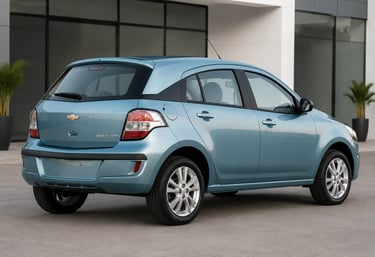 Chevrolet Agile LTZ azul visto de traseira em showroom externo moderno