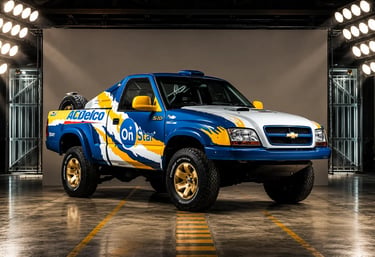 Chevrolet S10 Rally restaurada com pintura de competição em estúdio iluminado.
