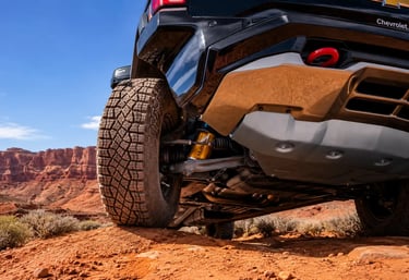 Detalhe da suspensão e pneu da Chevrolet Silverado ZR2 em terreno off-road desértico.