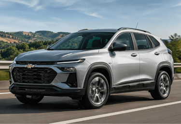 Chevrolet Tracker LTZ cinza em rodovia, vista frontal 3/4, imagem hiper-realista.