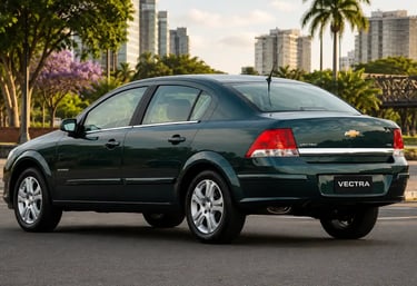 Chevrolet Vectra Elegance visto traseira em ambiente urbano com placa Vectra e acabamento premium.