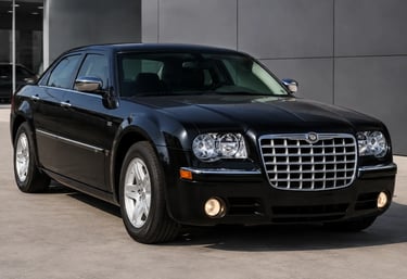 Chrysler 300C V8 preto em área externa com visual luxuoso e imponente.