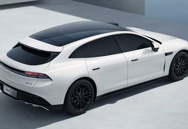 clone do Porsche Panamera branco com tecnologia da Huawei visto de traseira